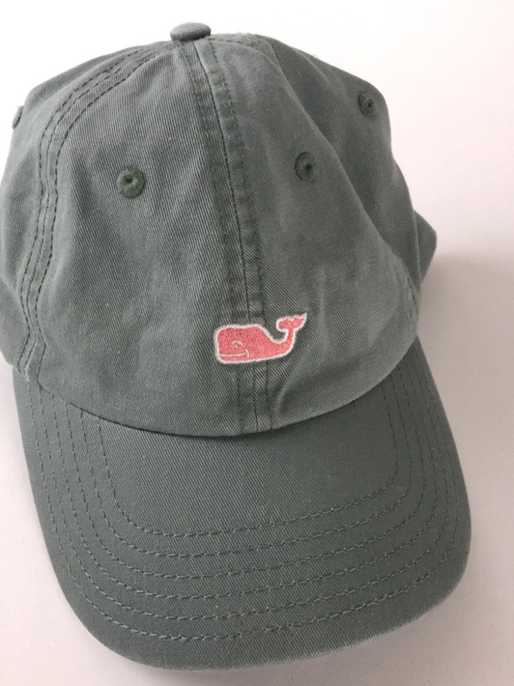 Vineyard Vines pink whale logo on light green cotton cap leather buckle back